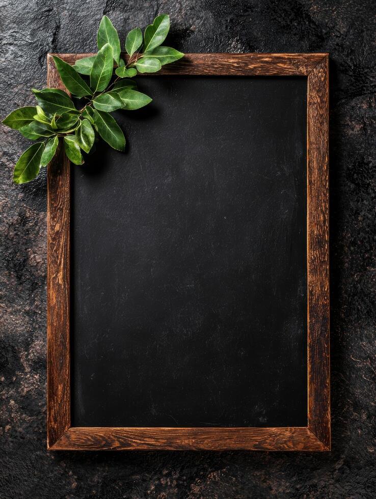 Rustic wooden frame with fresh bay leaves on dark slate background photo