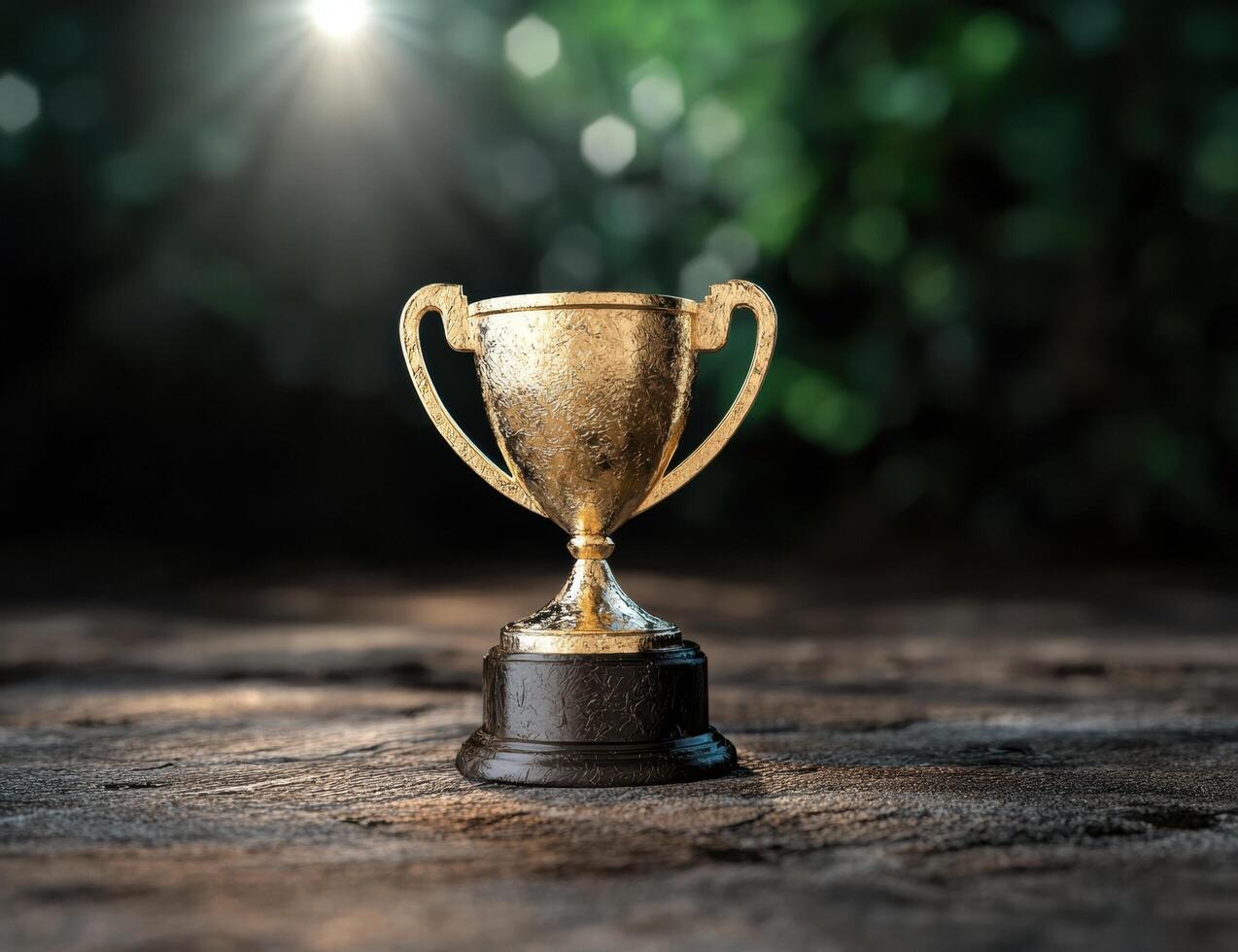 golden trophy on wooden surface with blurred nature background photo