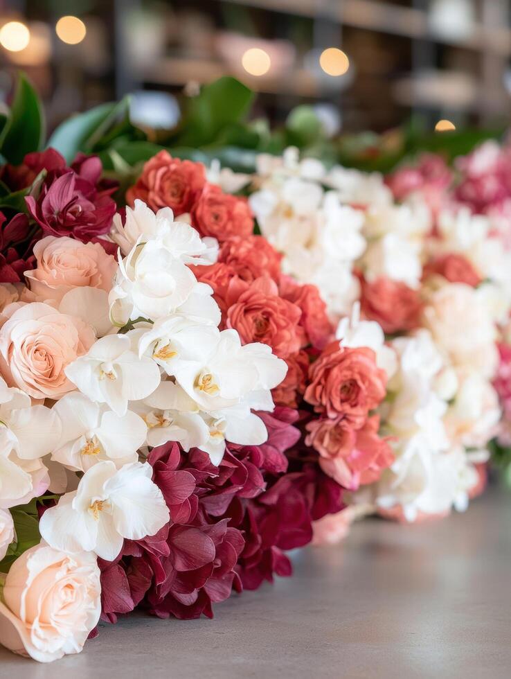 Vibrant floral arrangement with roses, orchids, and hydrangeas photo