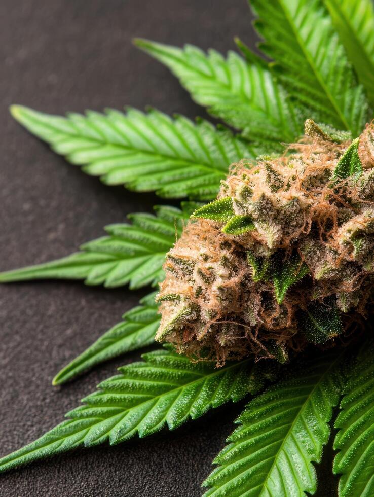Close up of cannabis plant with green leaves and buds photo