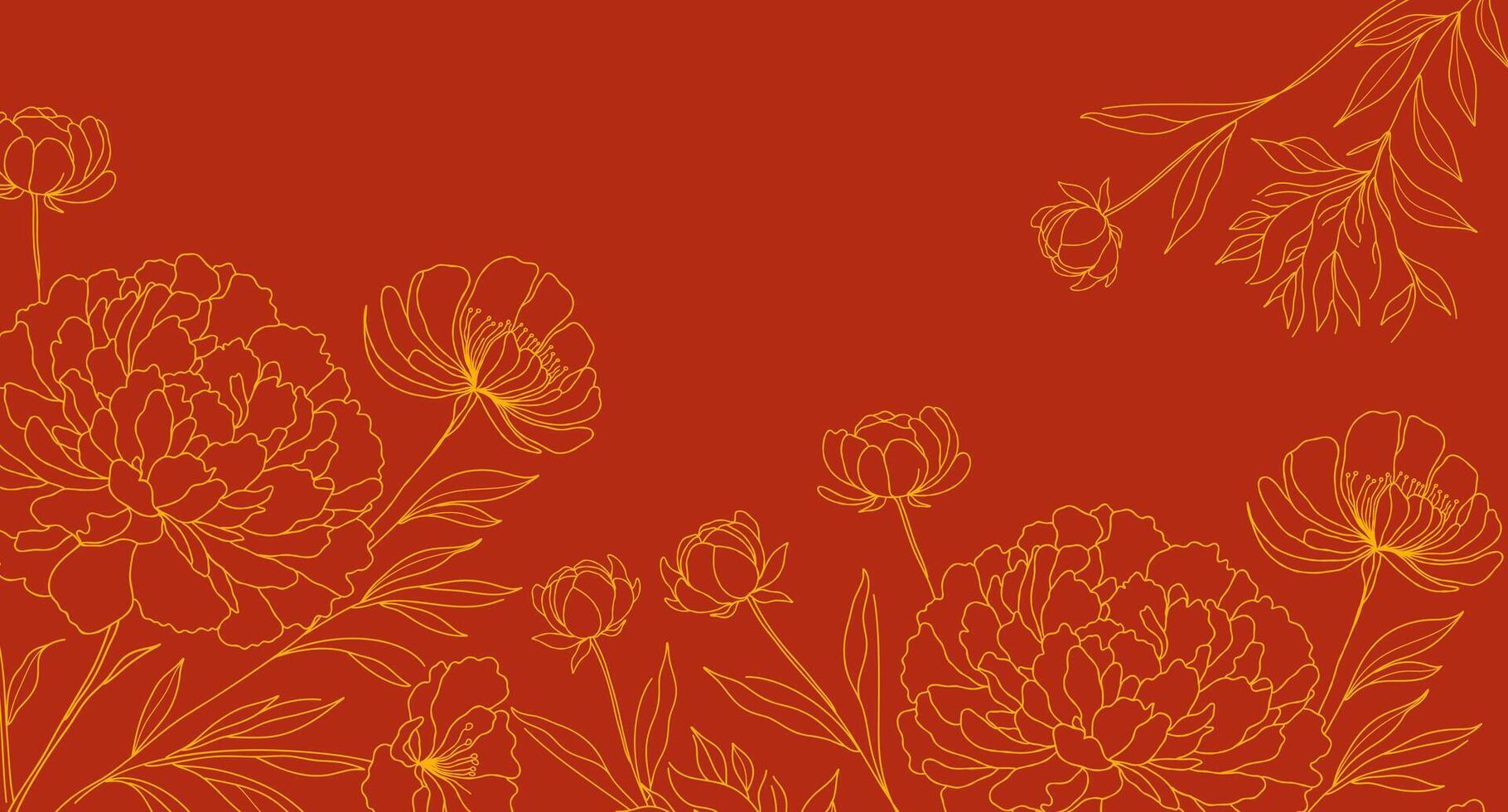 Floral background. Yellow line art flowers on a red background. Minimalist and modern botanical design. For wallpapers, invitations, or fabric prints, greeting cards. vector