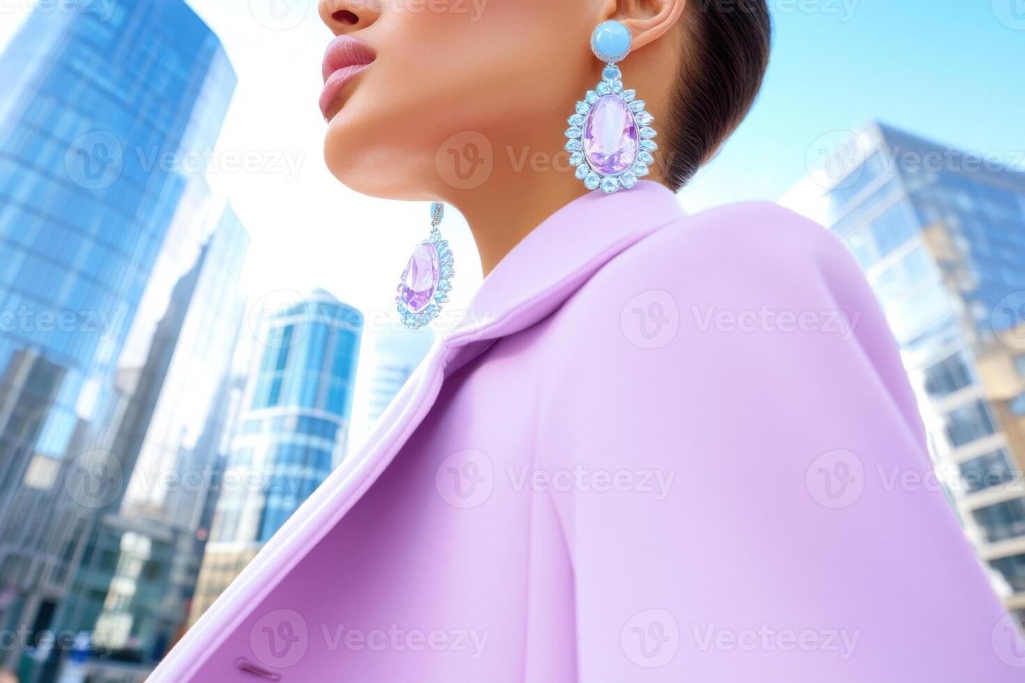 Fashion editorial featuring a model in a lavender coat, styled with pastel pink shoes and light blue earrings against a vibrant cityscape photo