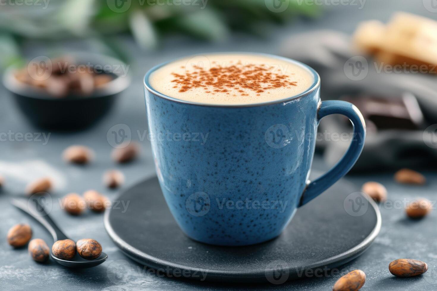 Steaming mug of hot chocolate topped with caramel foam and sprinkled cocoa, surrounded by dark cocoa beans and black spoons photo