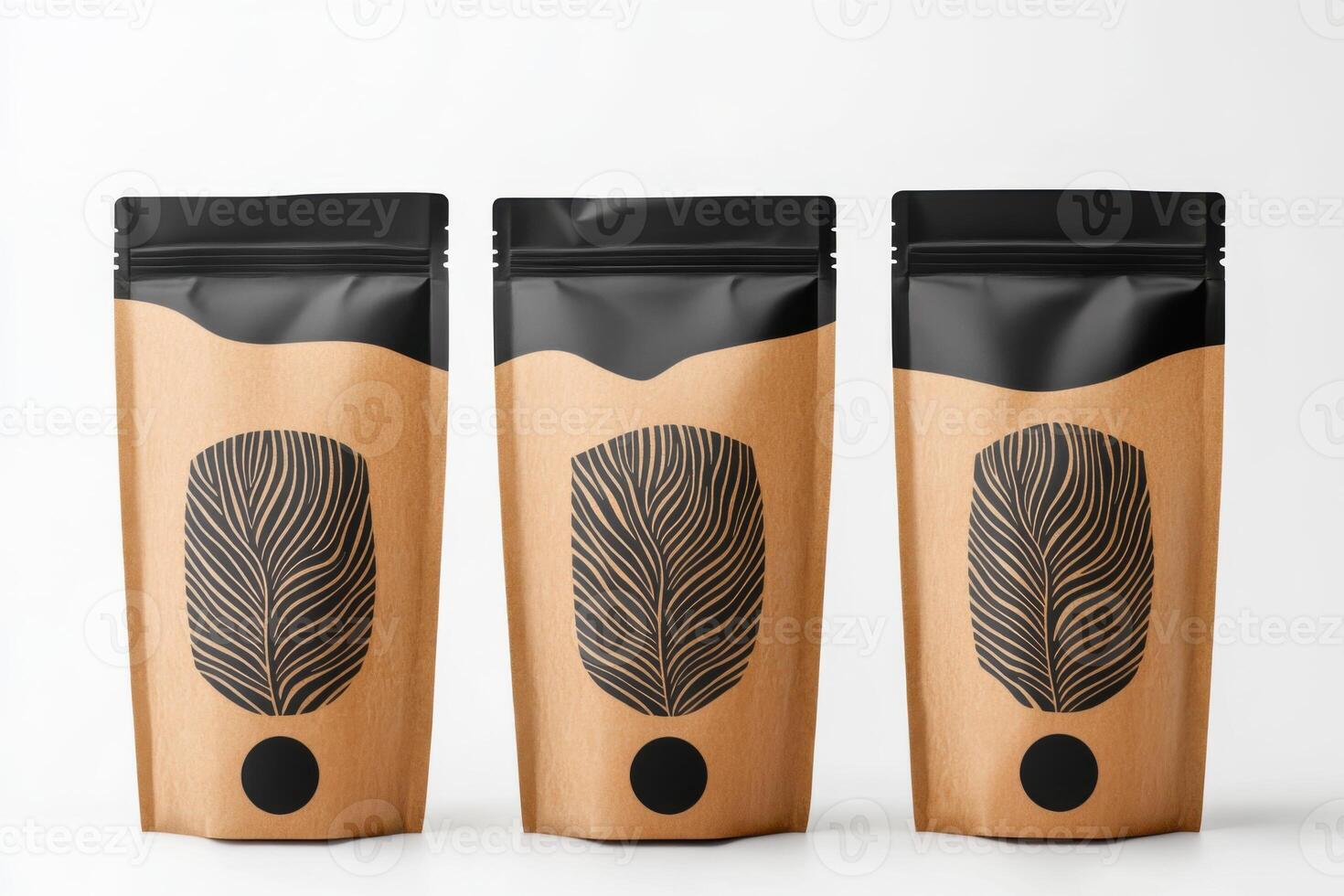 Premium coffee packaging featuring sleek black and caramel design with intricate labels focusing on rich flavor and quality photo