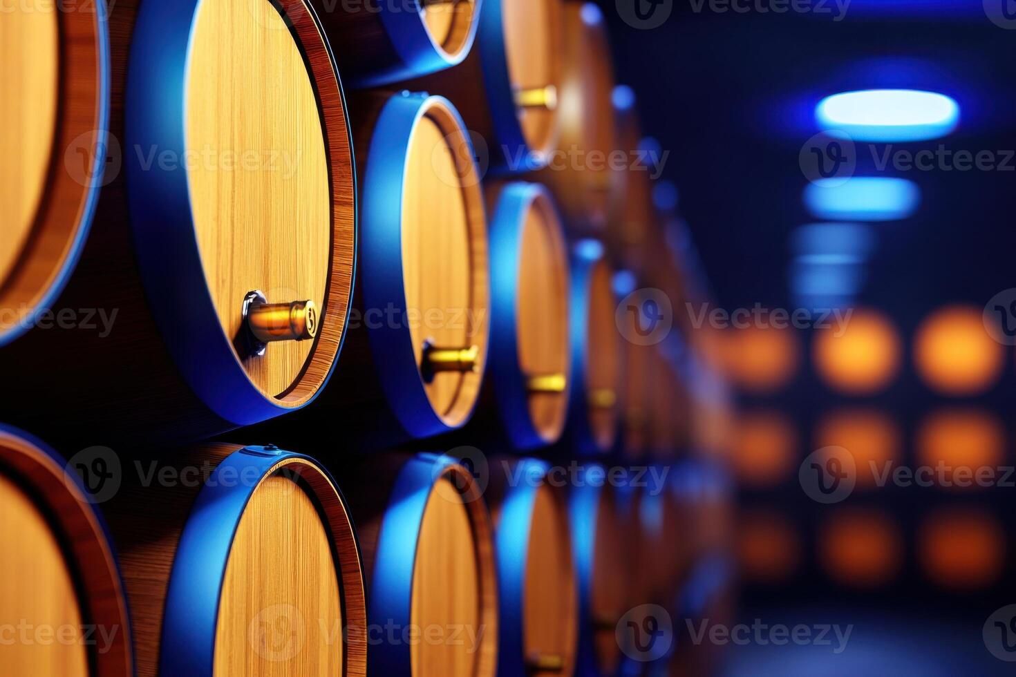 Stunning wine cellar illuminated by blue lights with neatly organized barrels and green wine bottles in a serene environment photo