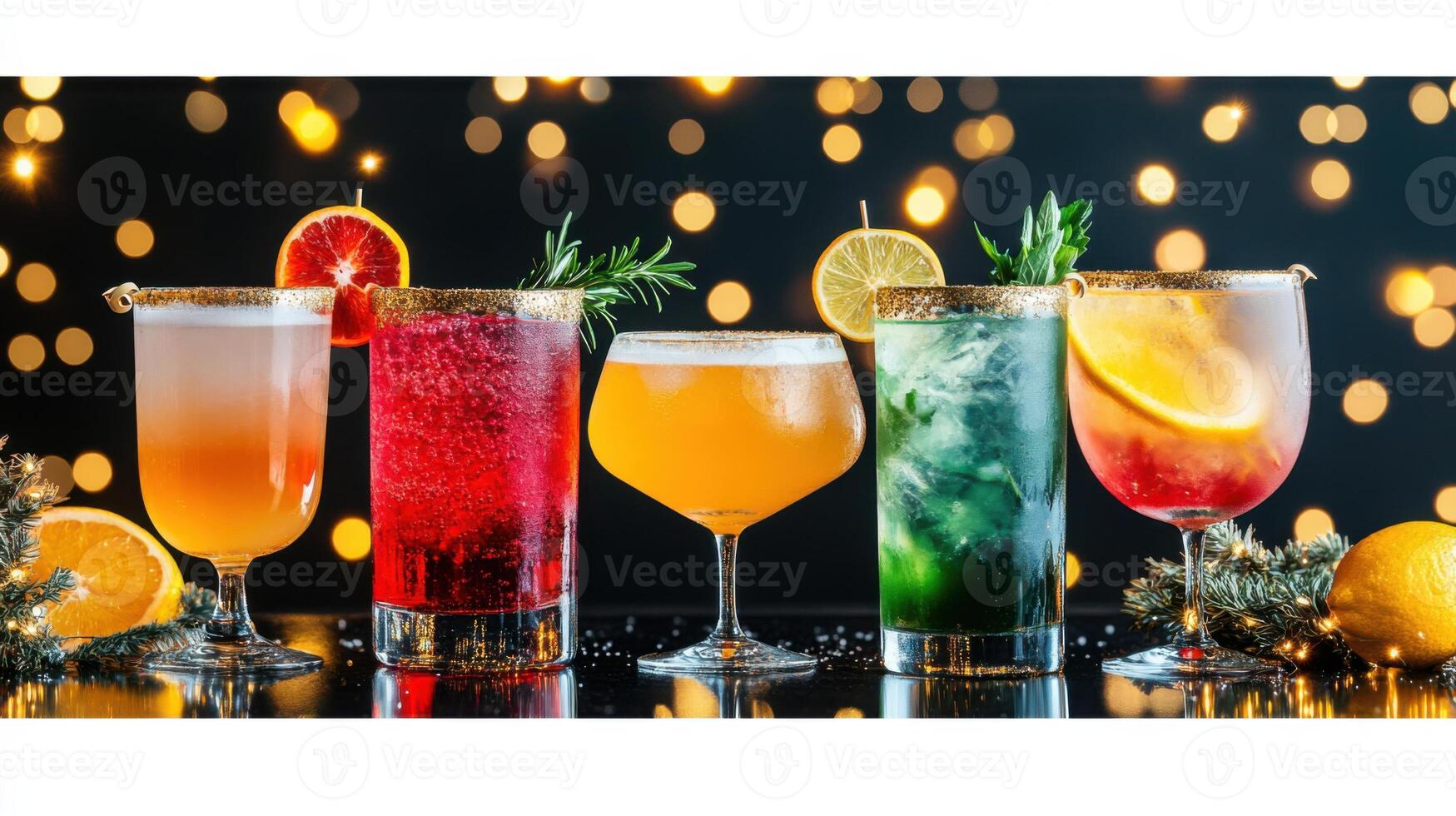 Collection of elegant cocktail glasses with vibrant liquids and garnishes on a dark festive background with golden sparkles photo