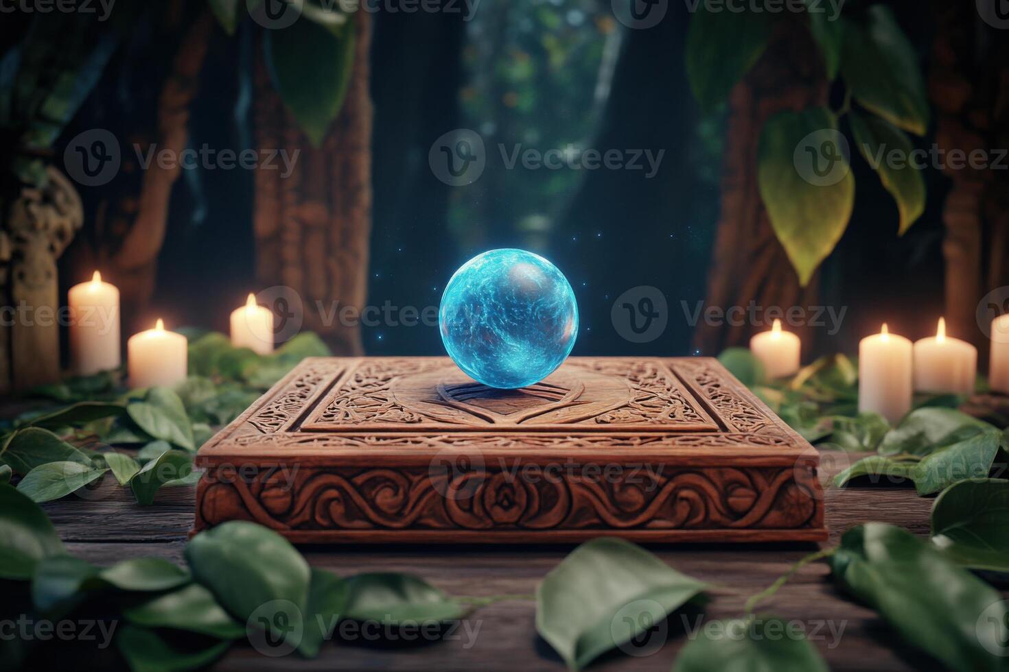Spiritual altar adorned with olive green leaves, glowing blue orb, and warm candlelight creating a serene atmosphere for meditation and reflection photo