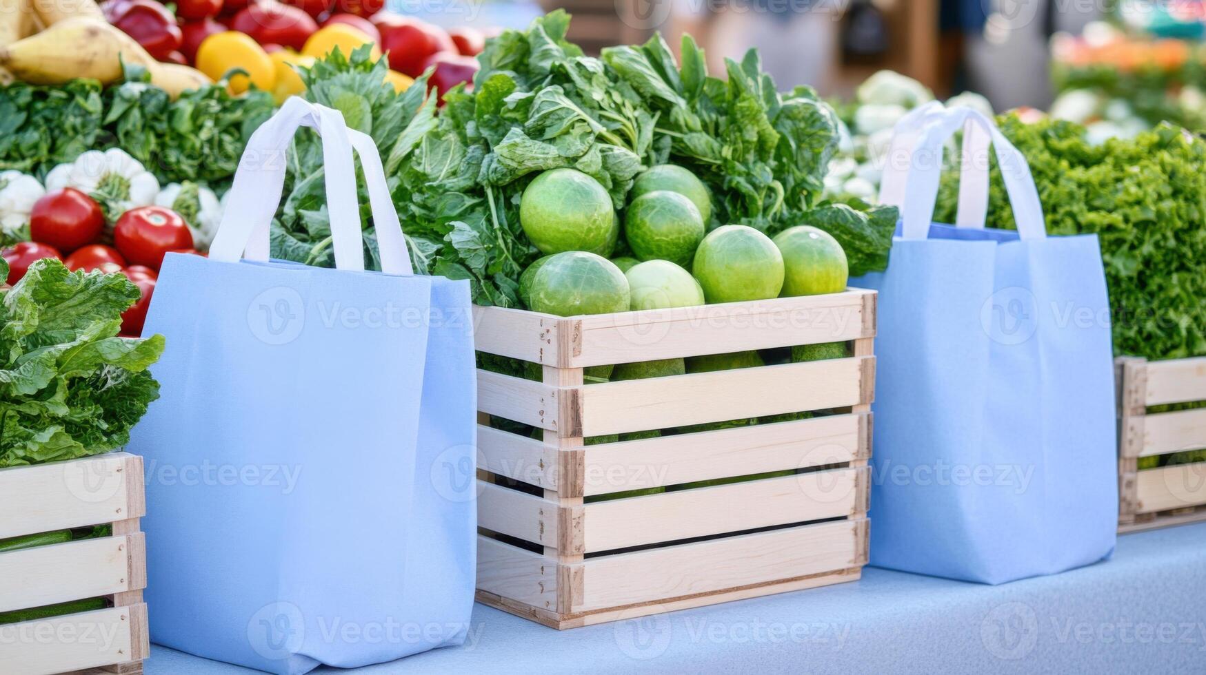 Eco-friendly market stall showcasing vibrant fresh produce in reusable bags with sustainable wooden crates for a green lifestyle photo