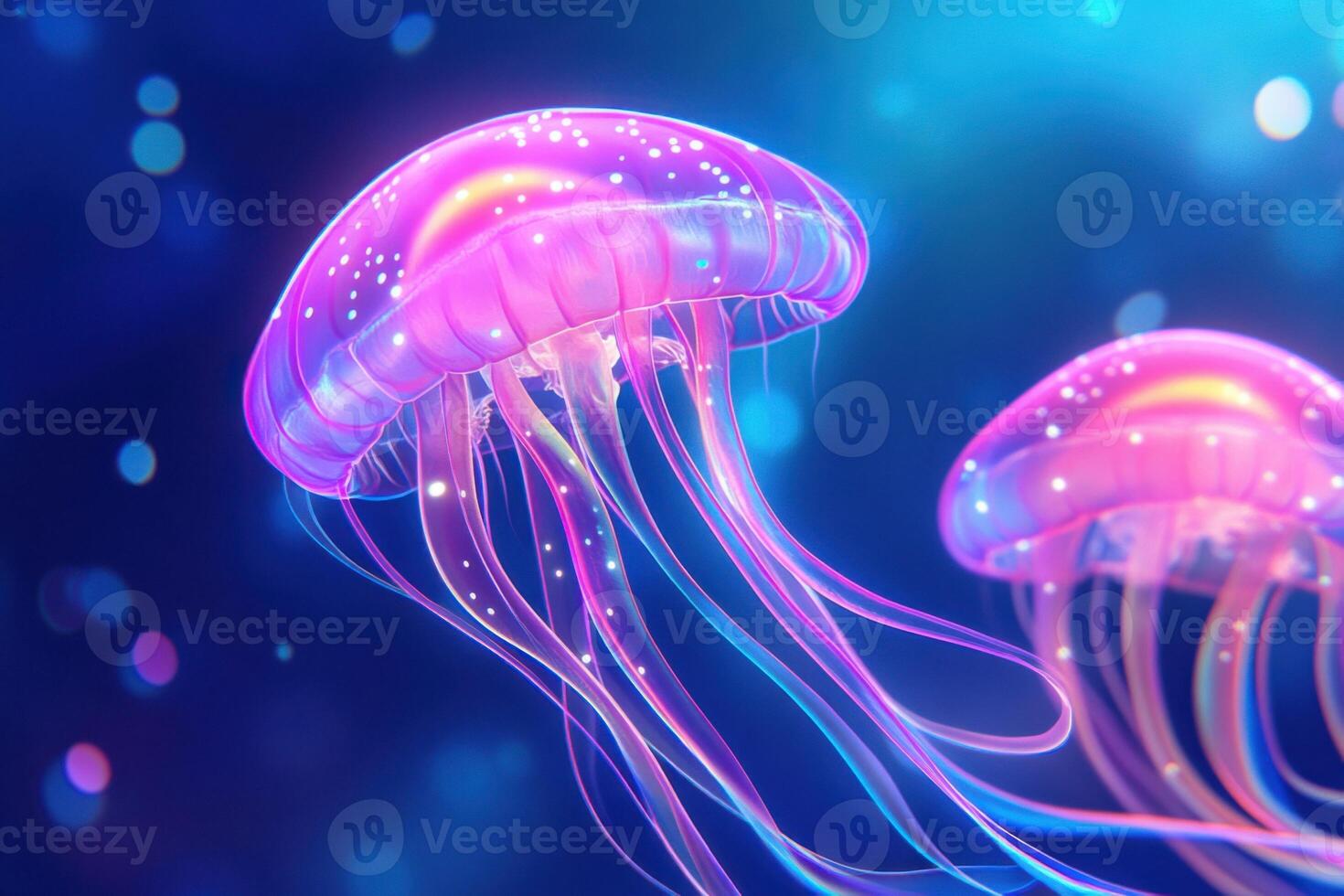 Glowing red jellyfish drift gracefully through deep blue ocean waters, their translucent tentacles creating ethereal patterns in the underwater realm photo