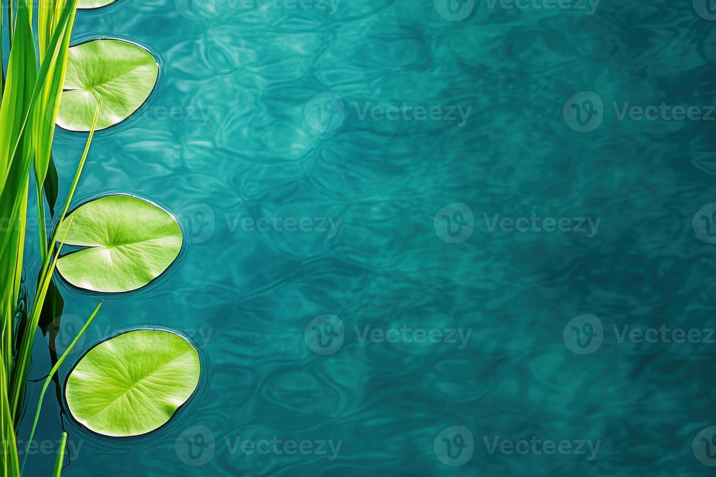 Calm pond with deep green-blue water and golden lily pads reflecting soft sunlight photo