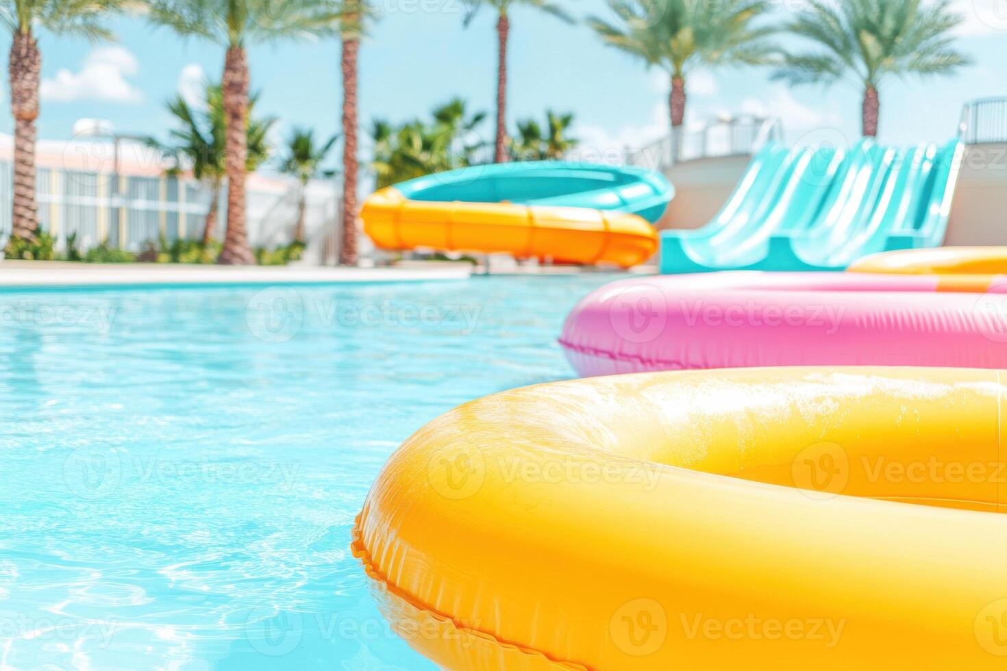 Experience summer fun at a lively water park with vibrant slides and playful inflatables by a refreshing pool photo