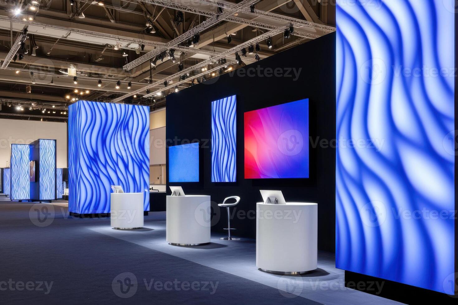 Tech exhibition booth showcasing vibrant LED displays and modern design elements in a sleek environment photo
