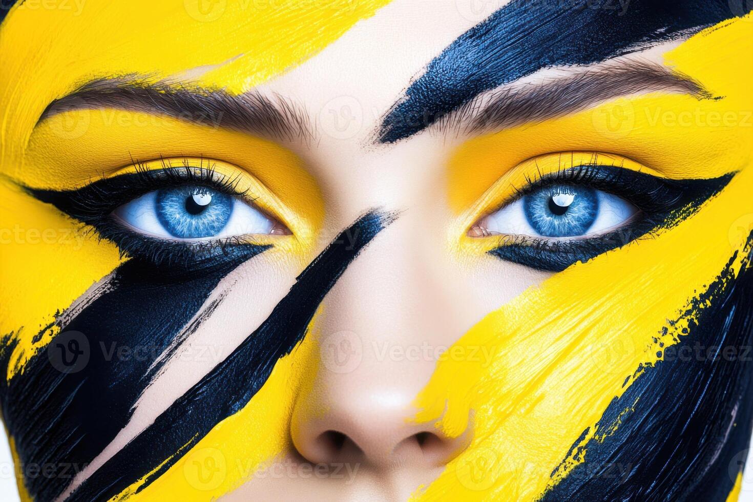Bright face painted in neon colors with tears of neon paint against a chaotic backdrop of bold text and splashes of black and yellow in a surreal artistic expression photo