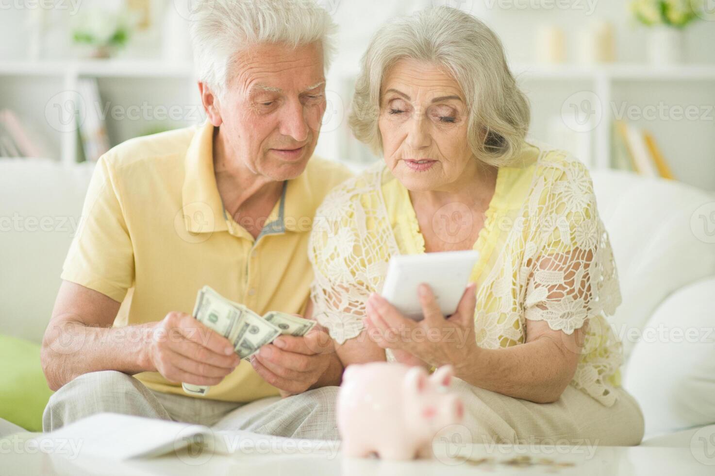 Happy family cheerful couple of seniors with piggybank photo