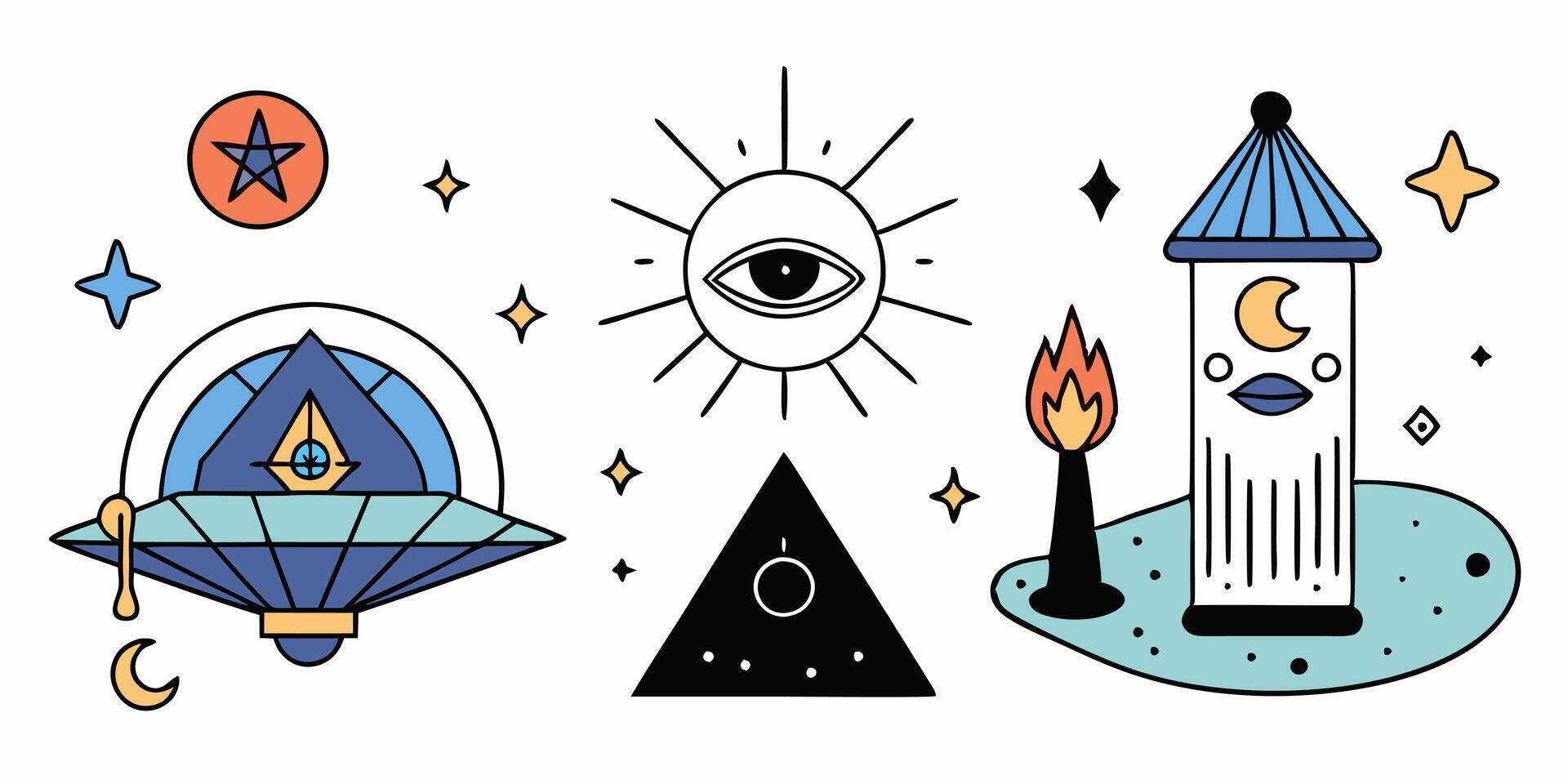 Illustration of a castle, an eye, a pyramid and a pyramid vector