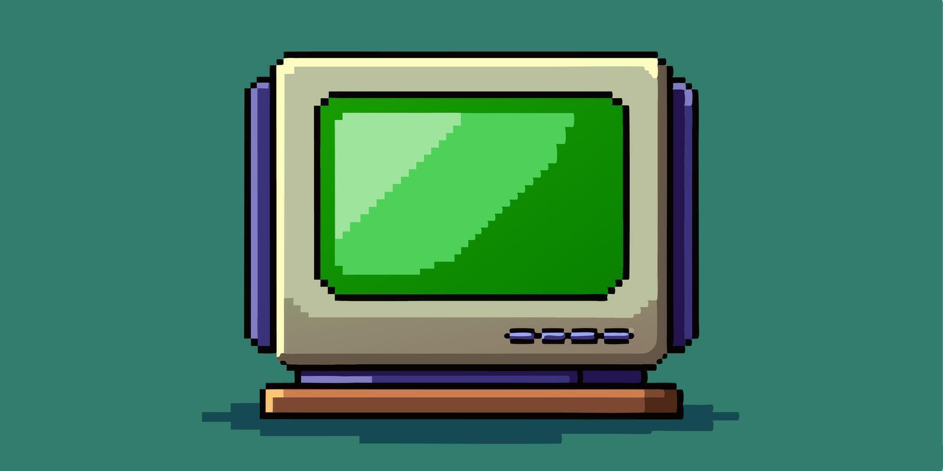 Pixel art computer monitor with green screen vector