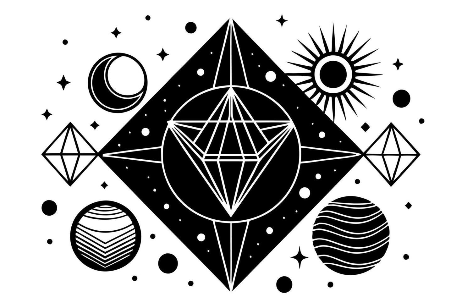 A black and white drawing of a diamond, sun, and planets vector