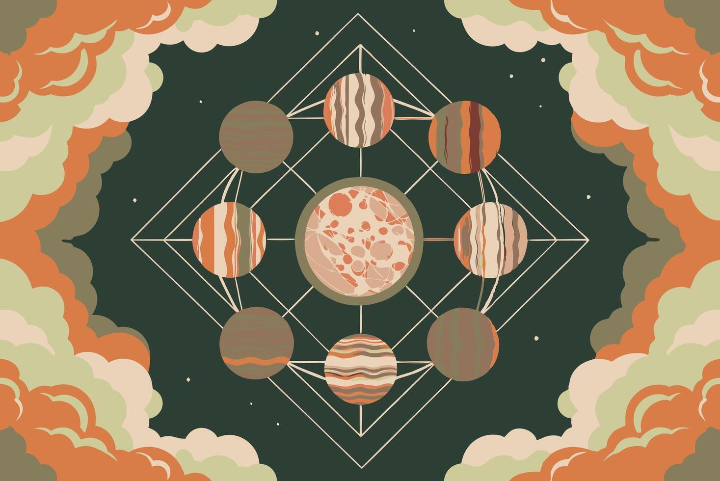 An illustration of planets and moons in a circle vector