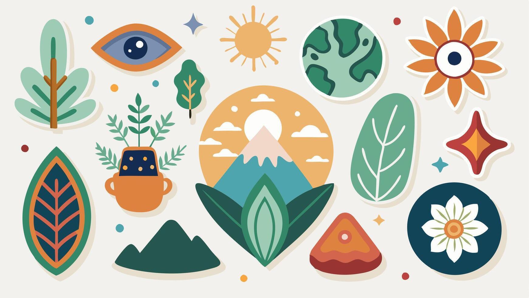 A set of colorful stickers with plants, trees and other objects vector