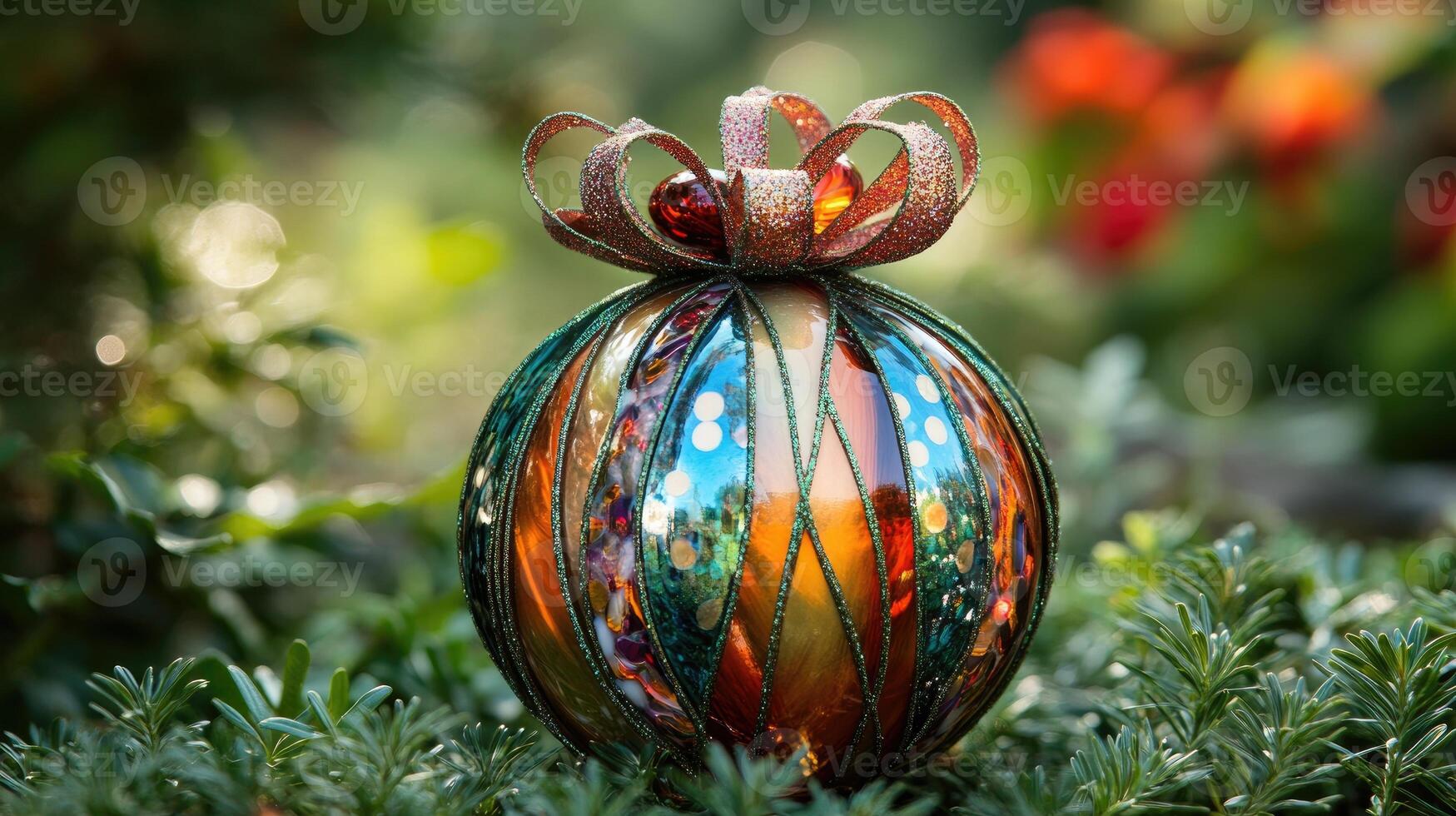 Glittering blue and pink christmas ornament hanging on a christmas tree photo