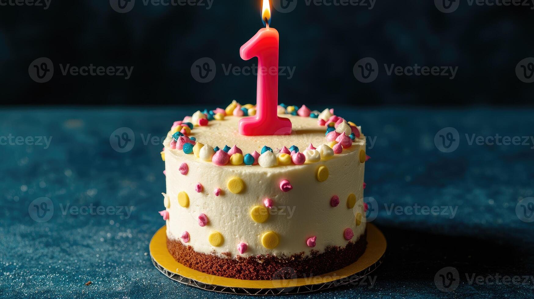 Small birthday cake with a number one candle celebrating a first birthday photo
