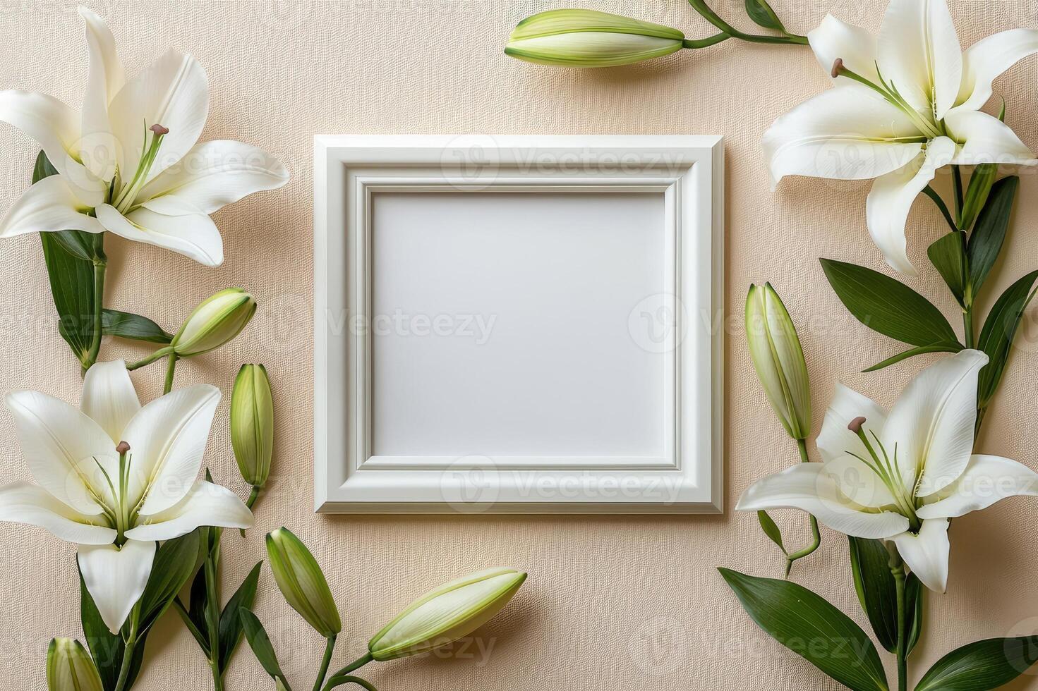 White lilies framing an empty photo frame on a beige background