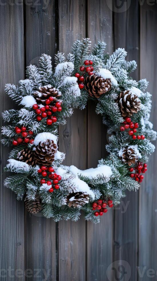 Christmas wreath hanging on wooden door while snowing photo