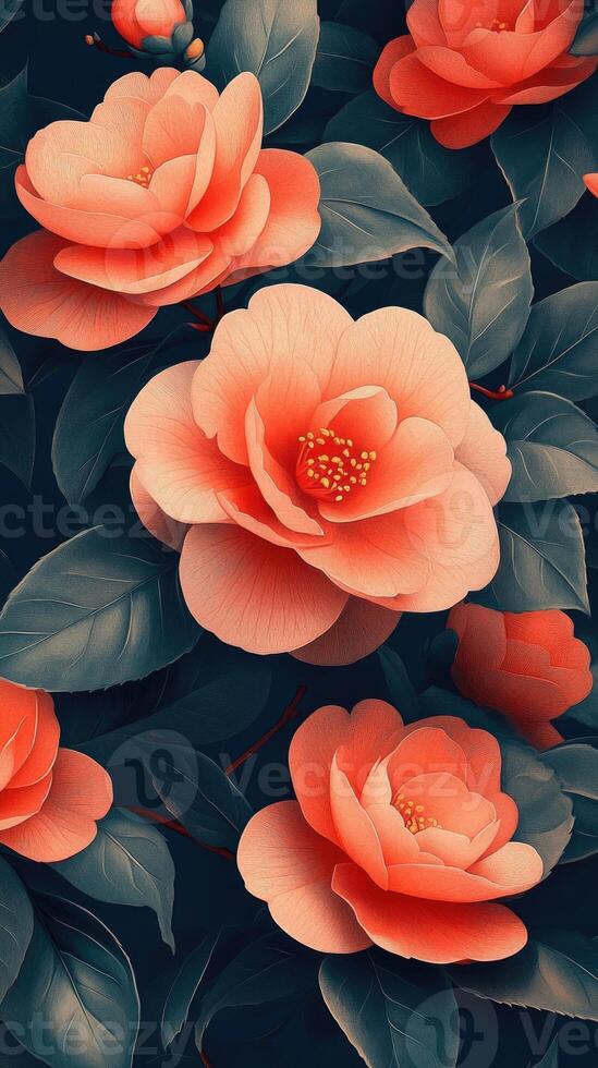 Blooming pink camellia flowers and dark green leaves creating a stunning floral pattern photo