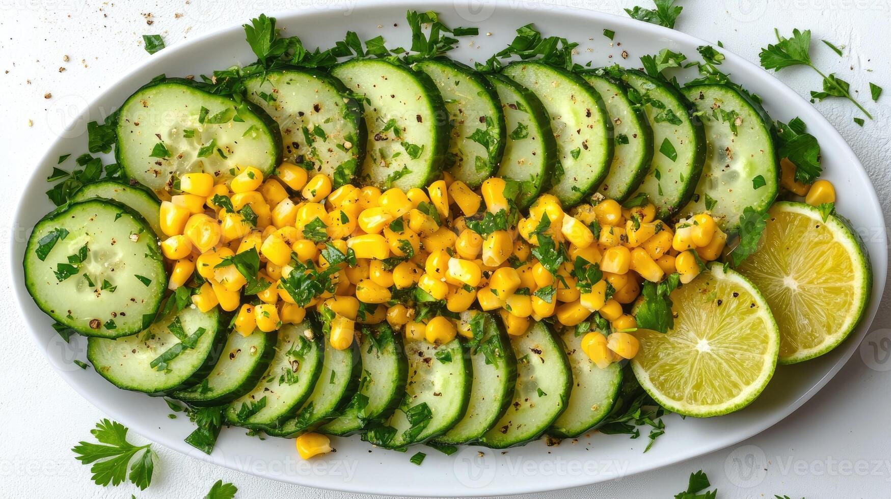 Sliced cucumber and corn salad with lime and parsley seasoning photo