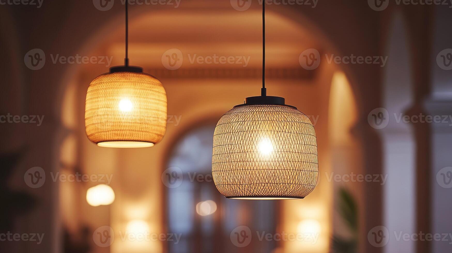 Two hanging lamps illuminating a blurred corridor photo