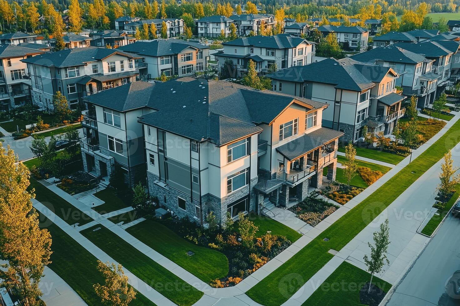 Modern residential houses in suburban neighborhood during golden hour photo