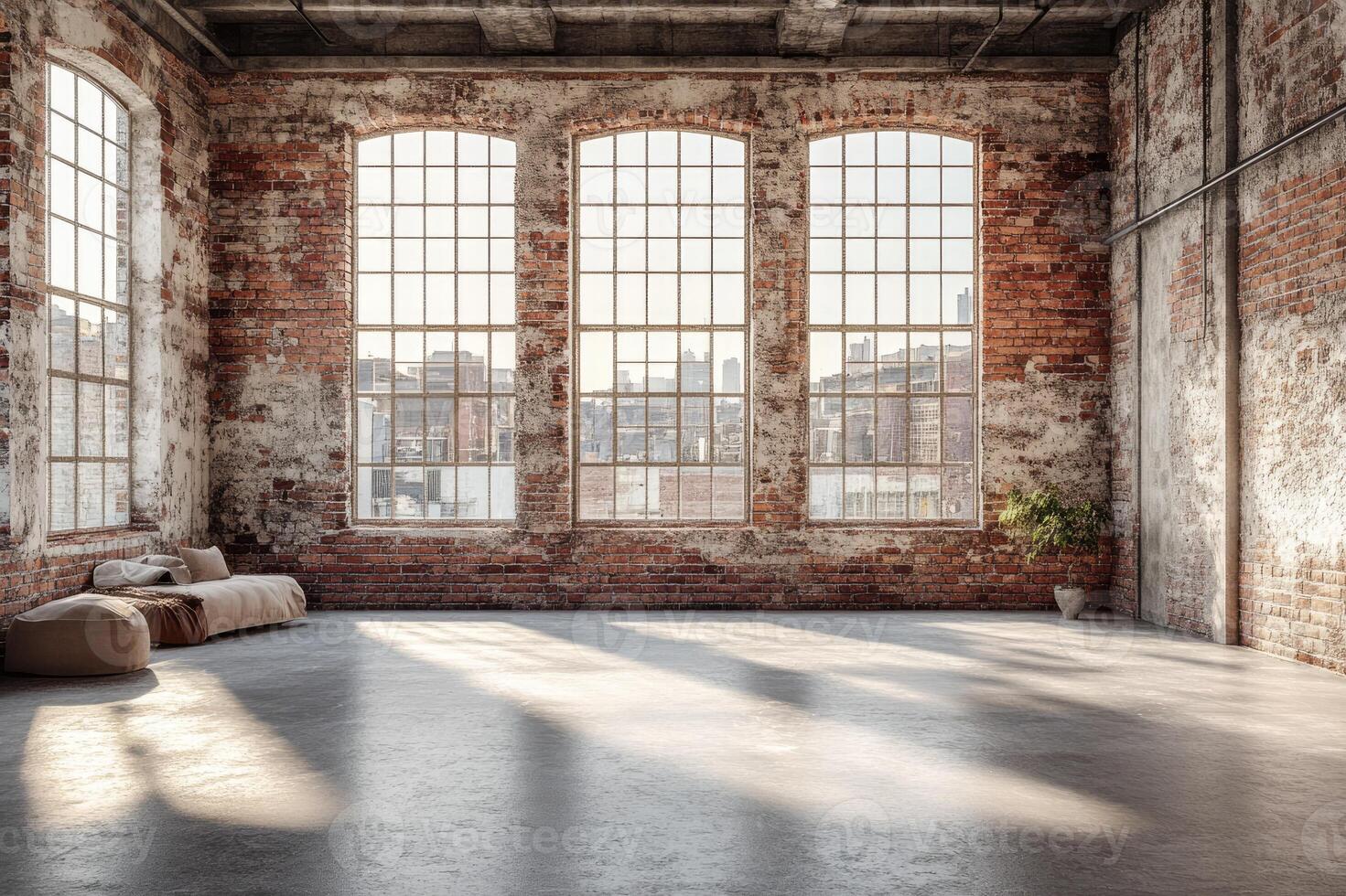 Empty industrial loft with large windows and city view showing sunlight and shadows photo