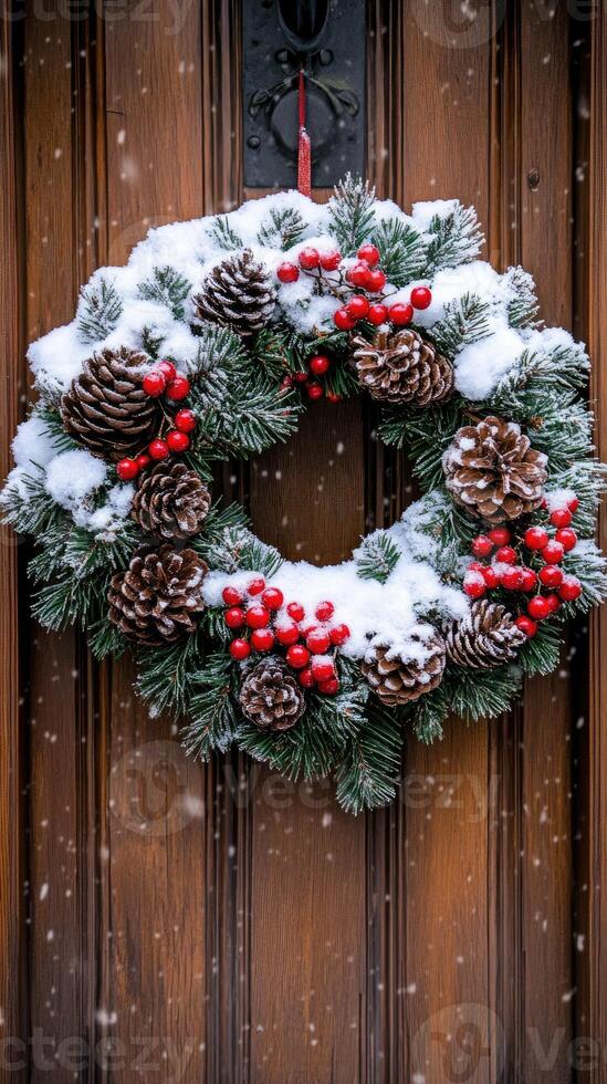 Christmas wreath hanging on wooden door while snowing photo