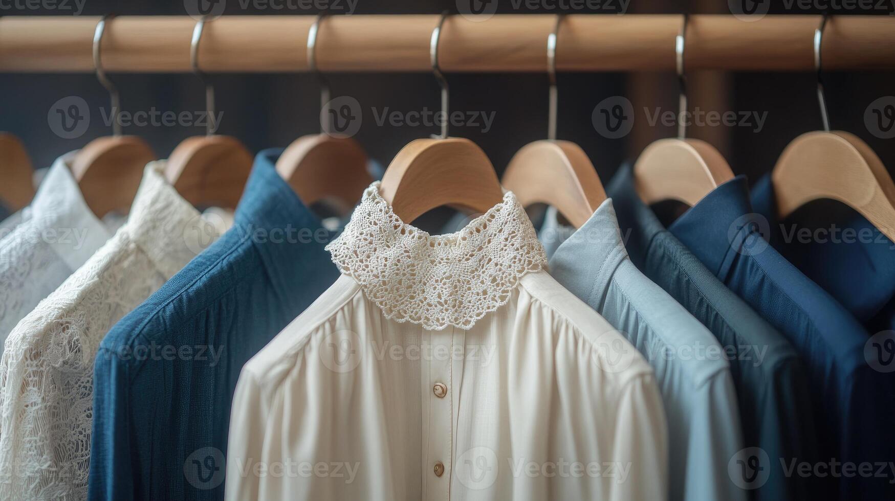 Women's blouses and shirts hanging on hangers in the wardrobe or store photo