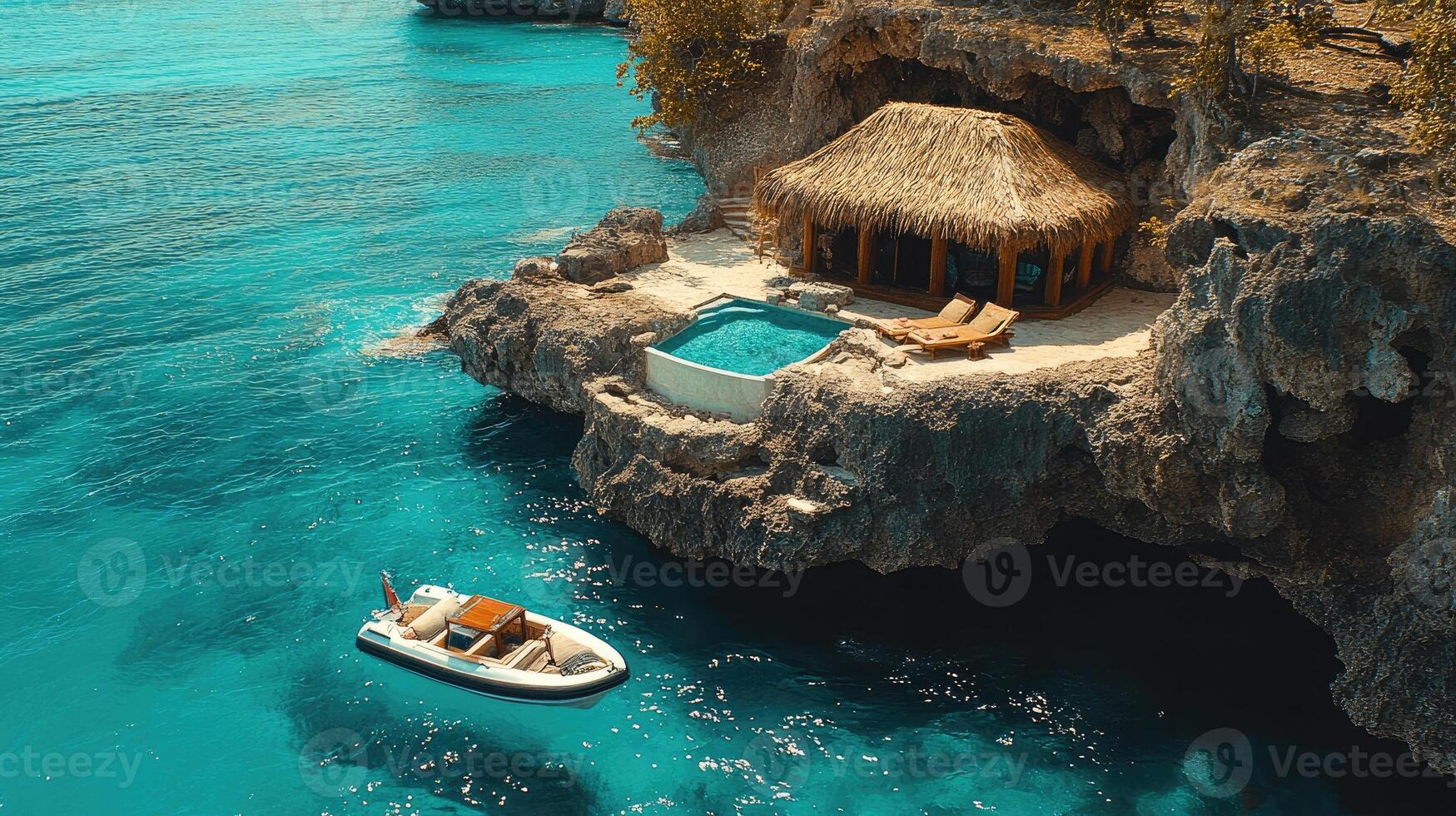 Luxurious overwater bungalow with infinity pool overlooking turquoise ocean in tropical paradise photo