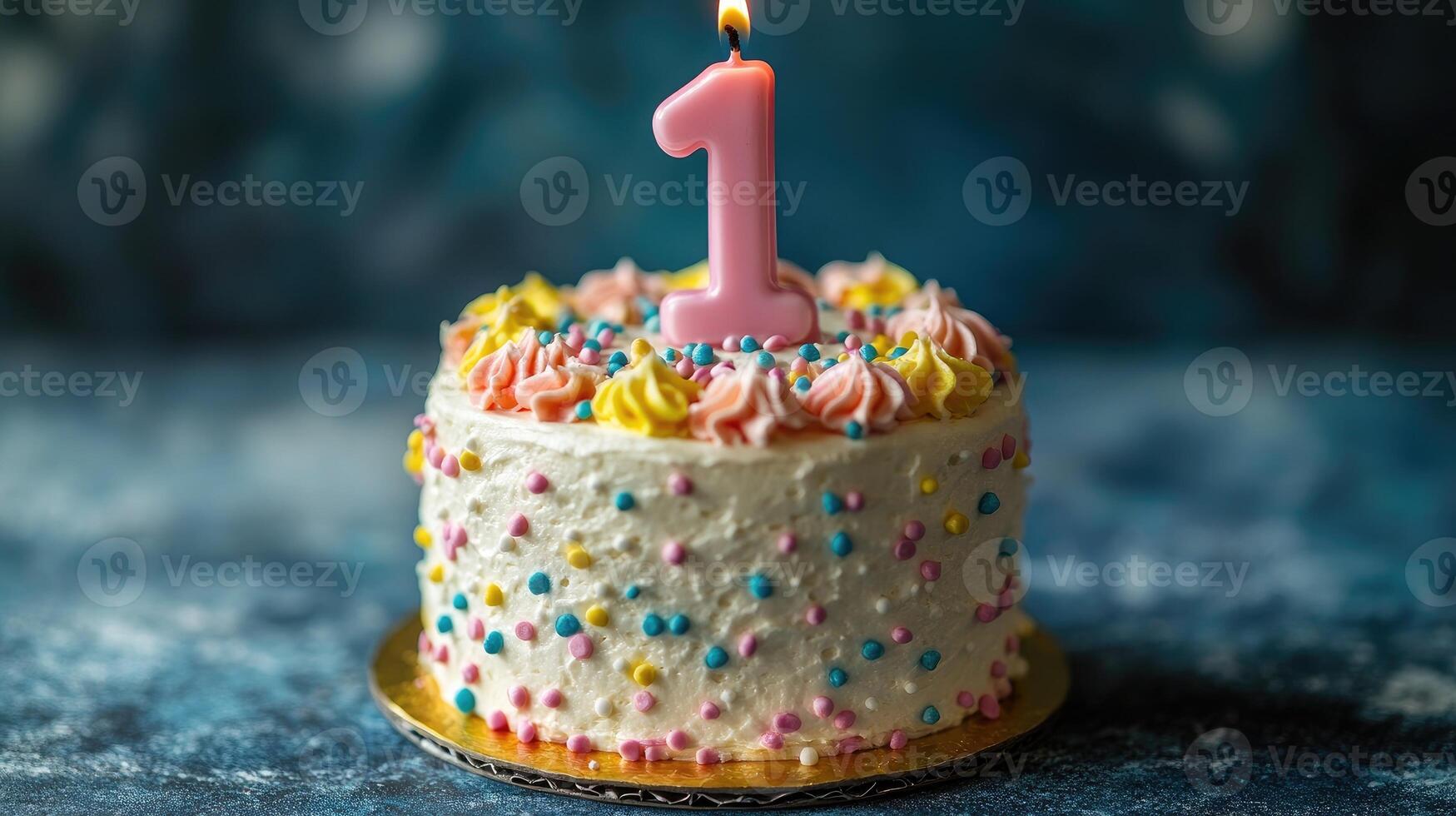 Small birthday cake celebrating first year with lit candle and colorful sprinkles photo