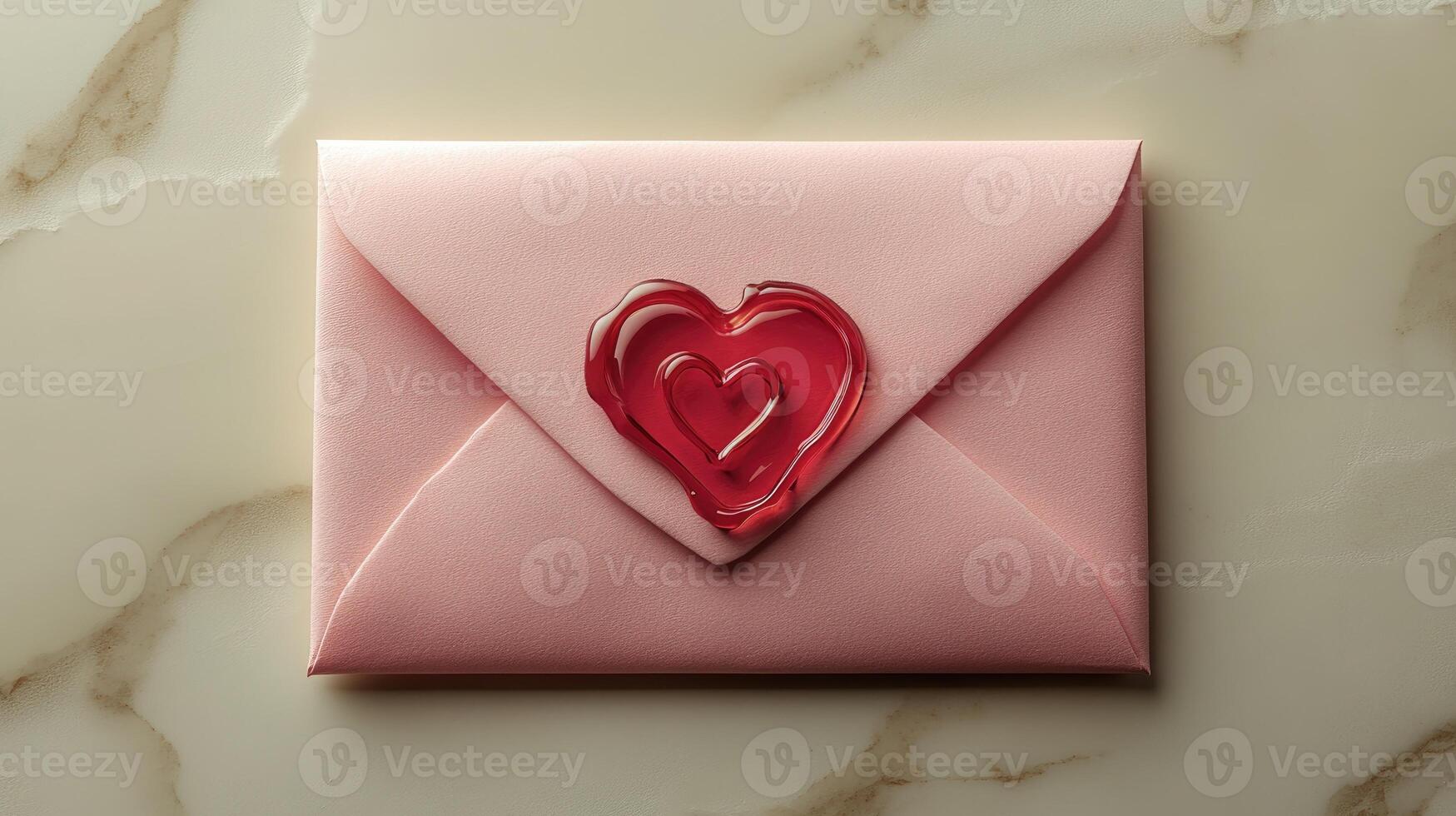 Pink envelope sealed with red heart representing love and affection on marble background photo