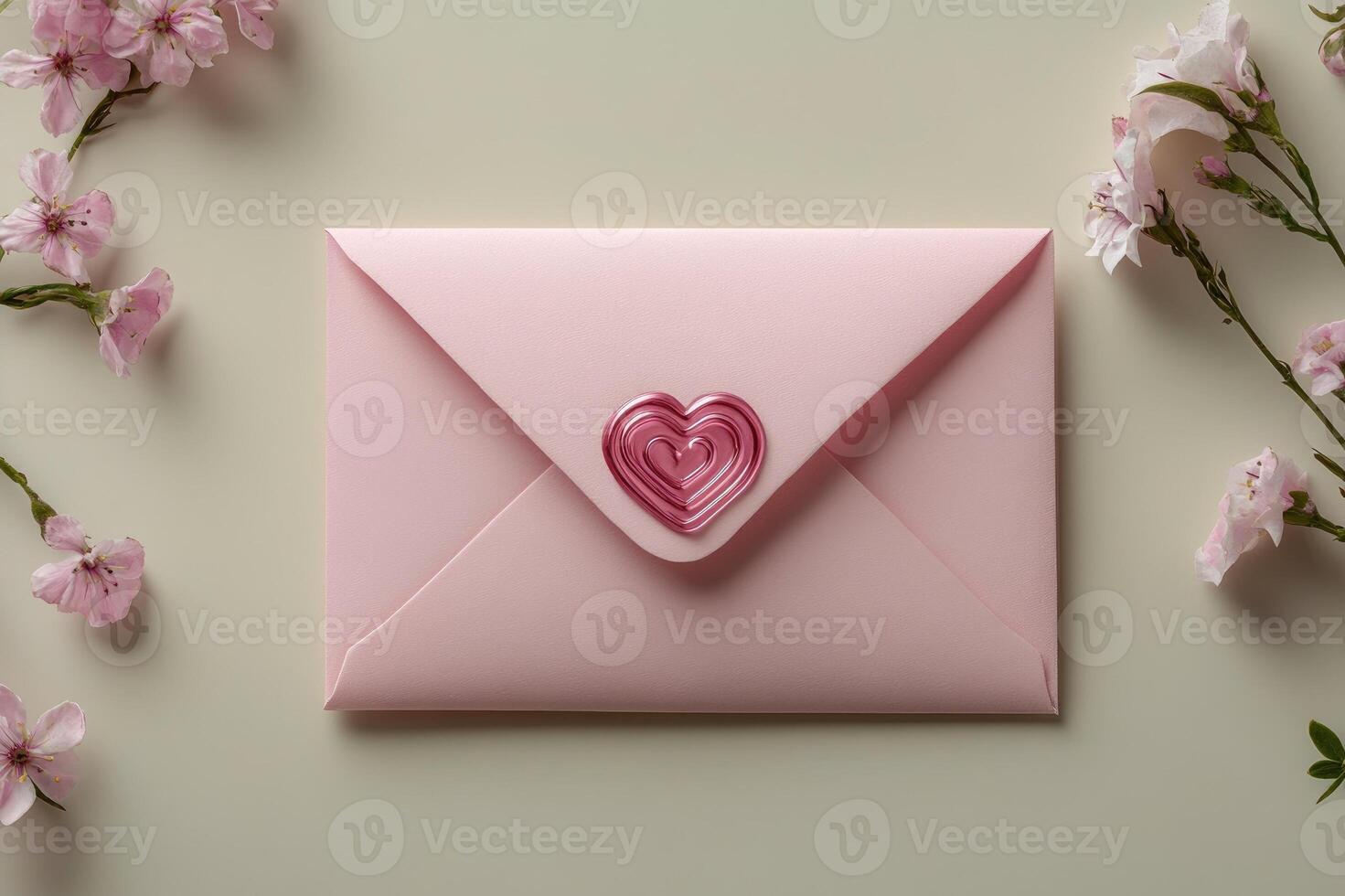 Pink envelope with heart representing love and affection surrounded by flowers photo