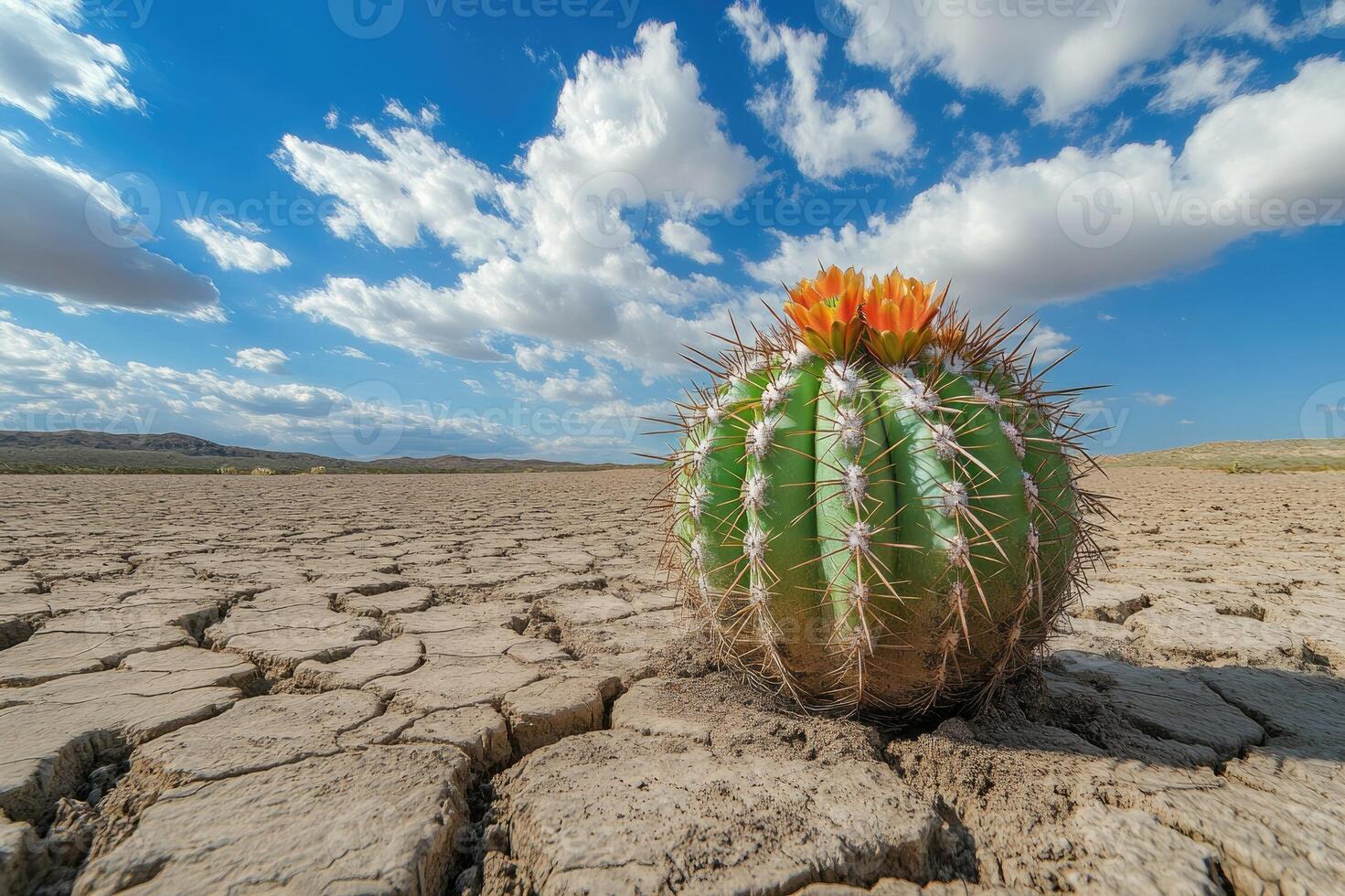Blooming cactus surviving in the dry desert landscape under a cloudy sky photo