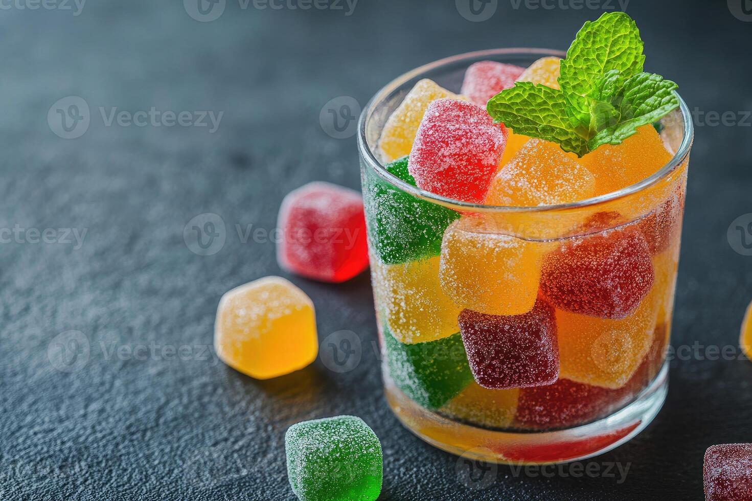 Colorful marmalade candies with mint leaves in glass bowl photo