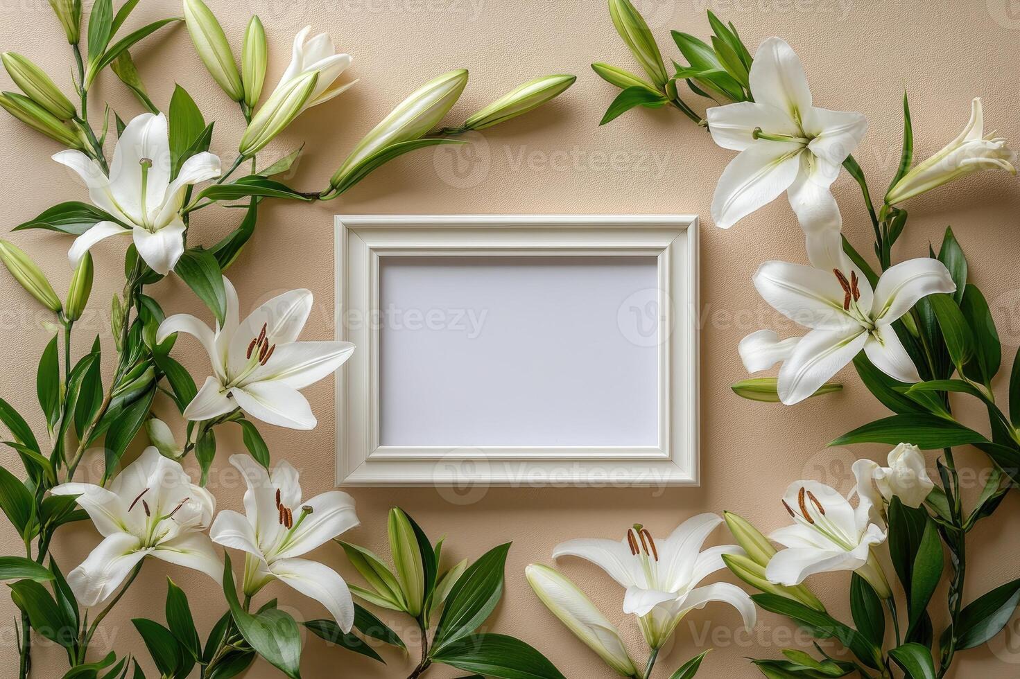 White lilies framing an empty photo frame on a beige background
