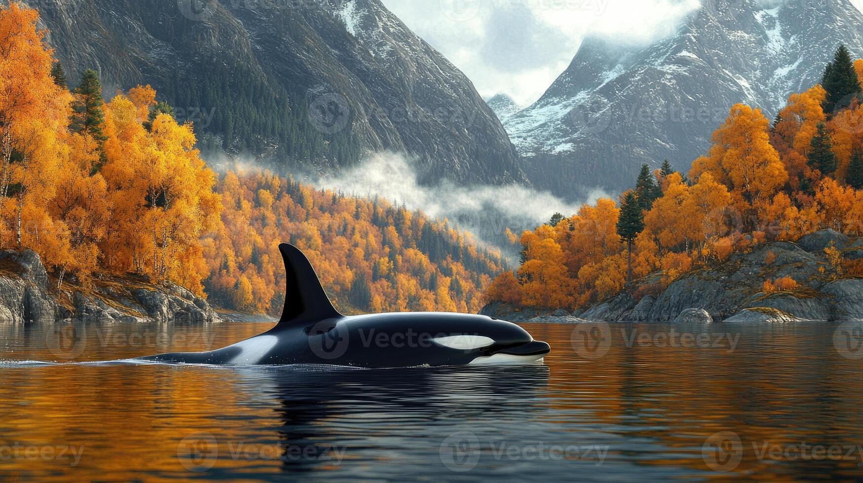 Orca whale swimming in lake with autumn forest and mountains photo