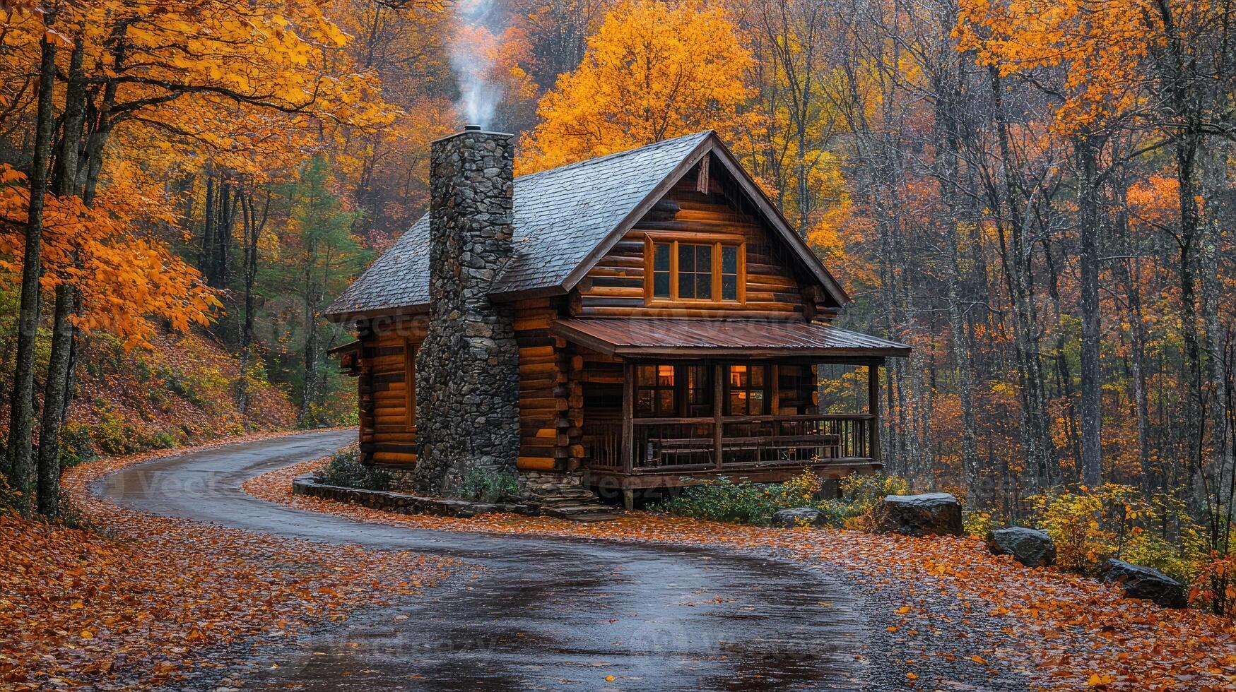 Cozy log cabin glowing in the autumn forest during rainfall photo
