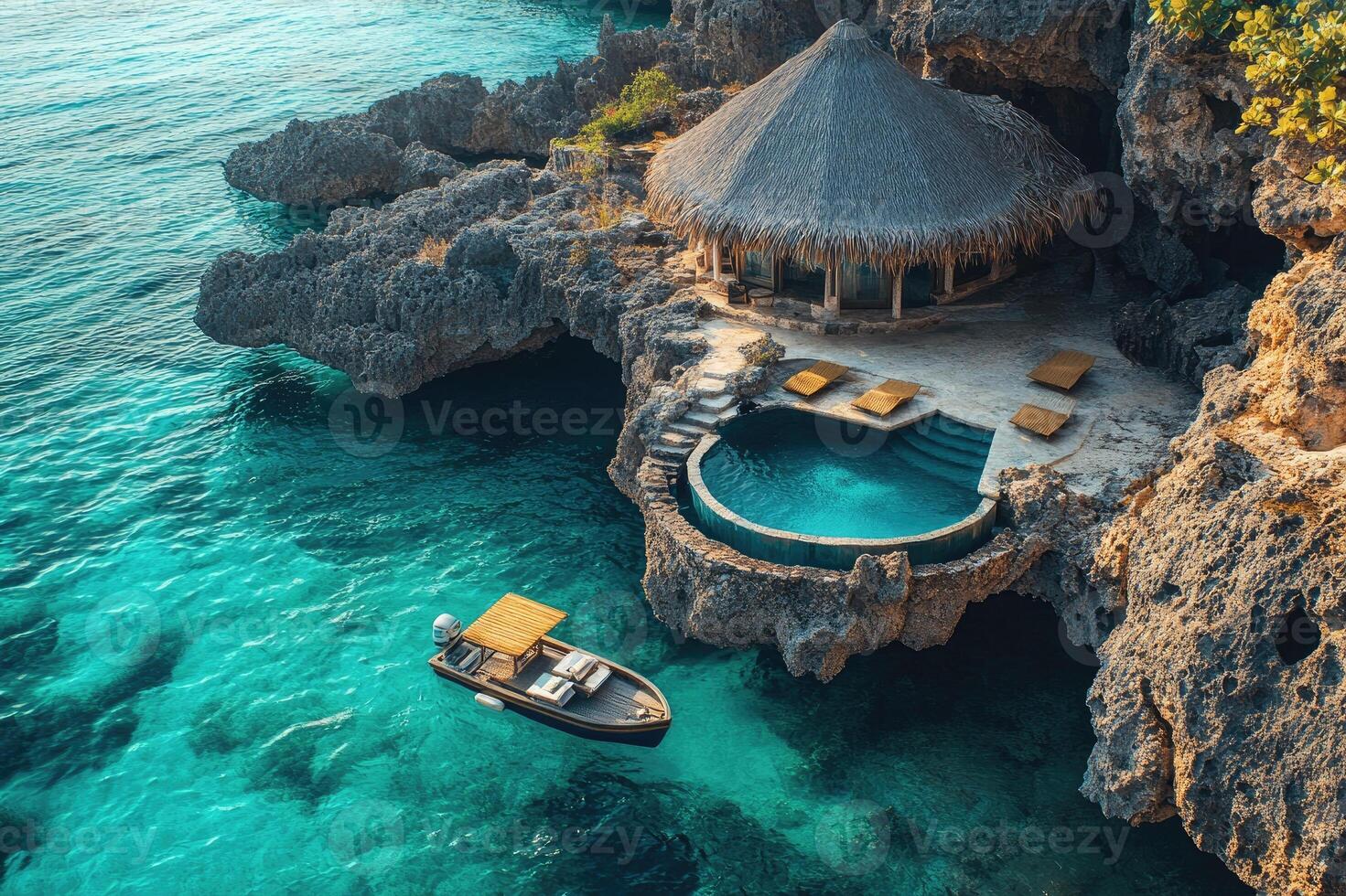 Luxury overwater bungalow with infinity pool and motorboat in turquoise tropical ocean photo