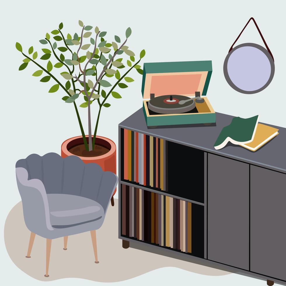 Living room retro furniture set for modern home interior design. Home cozy furniture. Cozy indoor decoration items, vinyl player and books vector