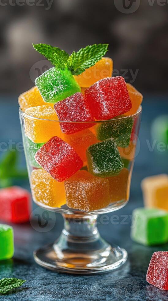Colorful jelly candies garnished with mint leaves in a glass bowl photo