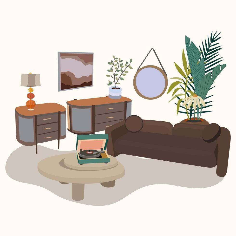 Living room furniture for modern home interior design. A living room with a big sofa, a soft modern chair, a table, houseplant, a carpet and a picture vector