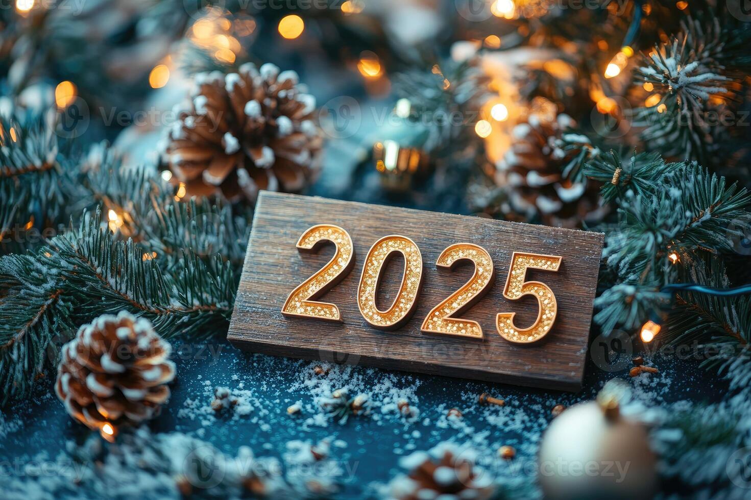 Christmas background with wooden sign showing 2025, surrounded by pine cones, branches and blurred lights photo