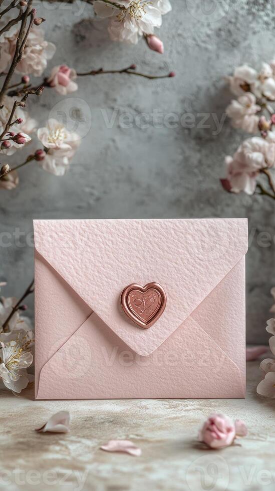Pink envelope with heart representing love and affection surrounded by flowers photo
