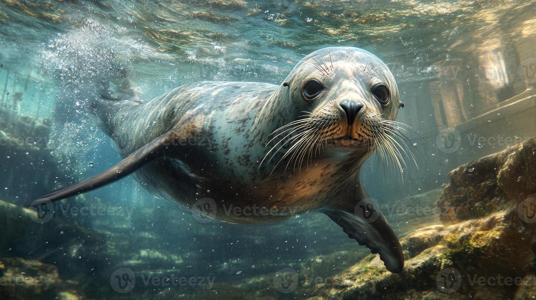 Curious sea lion swimming underwater near rocks in natural habitat photo